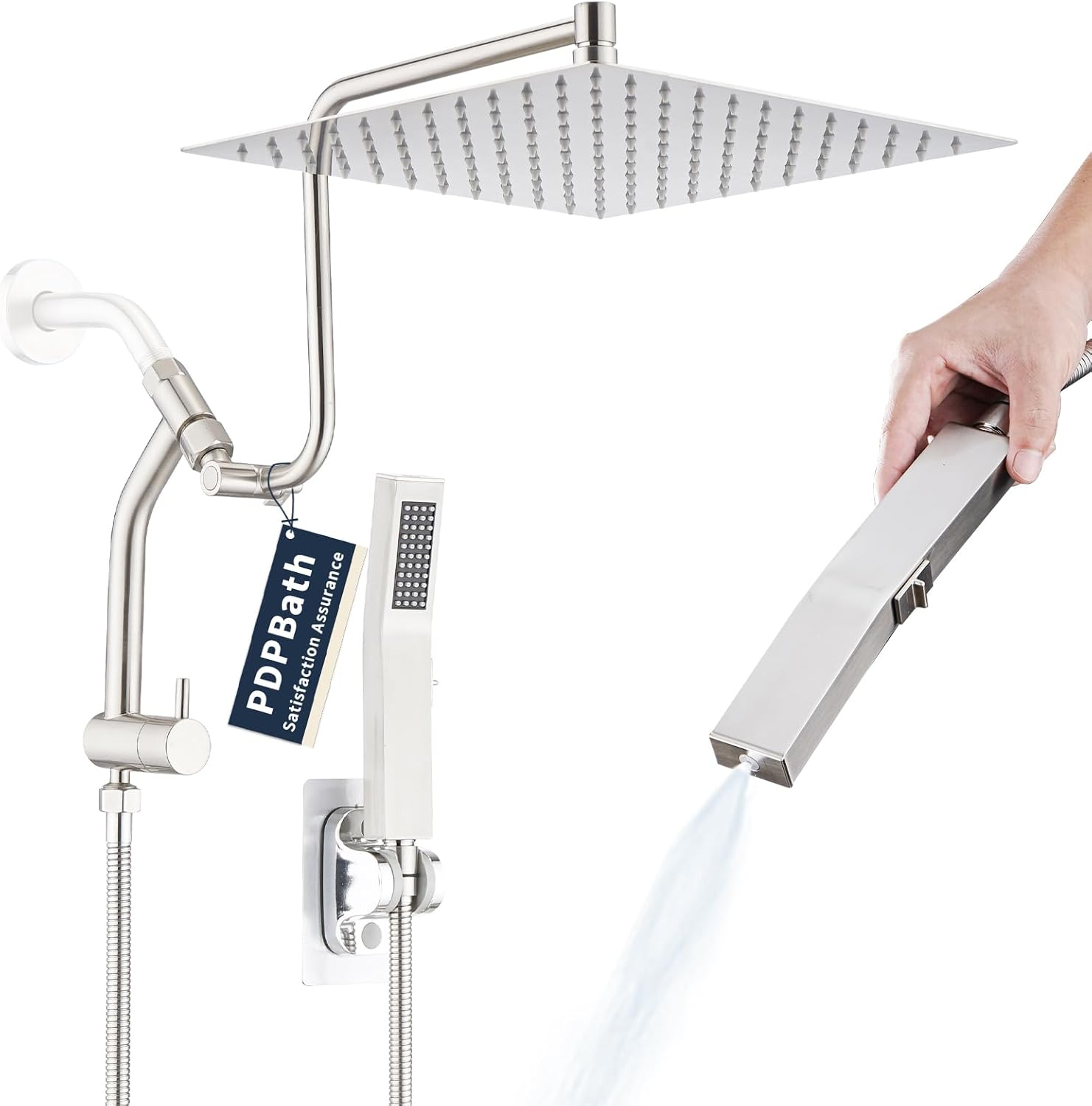 PDPBath All Metal 12'' Rainfall Shower Head with Handheld Combo, Upgrade 3-Way Diverter with Pause Setting, High Pressure Rain Shower Head with Z-shaped Extension Arm, 59" Hose, Brushed Nickel