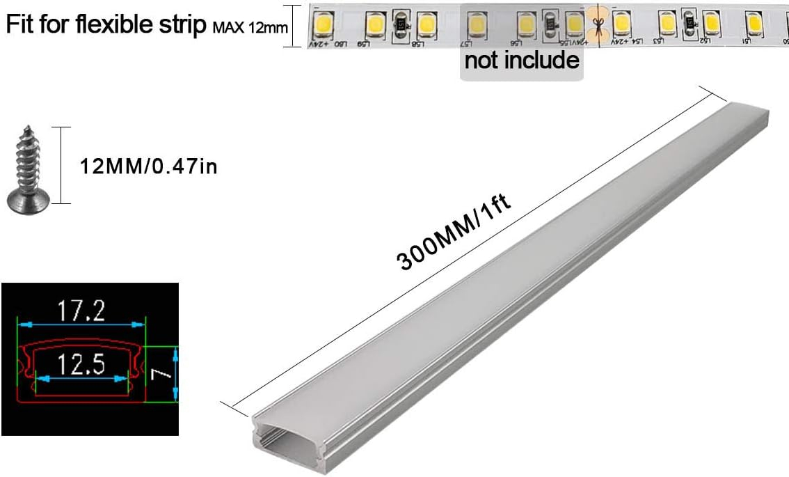 HAMRVL 6-Pack 30cm/1ft 17.2x7mm Led Aluminum Channel System U Shape with Cover, Led Strip Light Diffuser with White End Caps and Mounting Clips Accessories for Under Counter Light Fixture for Indoor