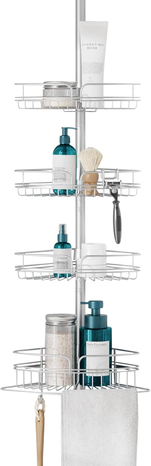 Zenna Home Tension Pole Shower Caddy 4 Basket Shelves with Built-in Towel Bar, Adjustable, 60 to 97 Inch, Chrome
