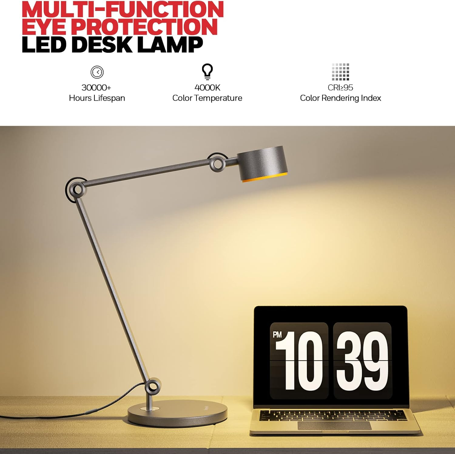 Honeywell HWT-01A Office LED Desk Lamp, 4000K Natural Light Dimmable Eye-Protection Table Lamps, Full Metal Touch Control Desk Light, Adjustable Swing Arm Table Light for Home Office Reading Bedroom
