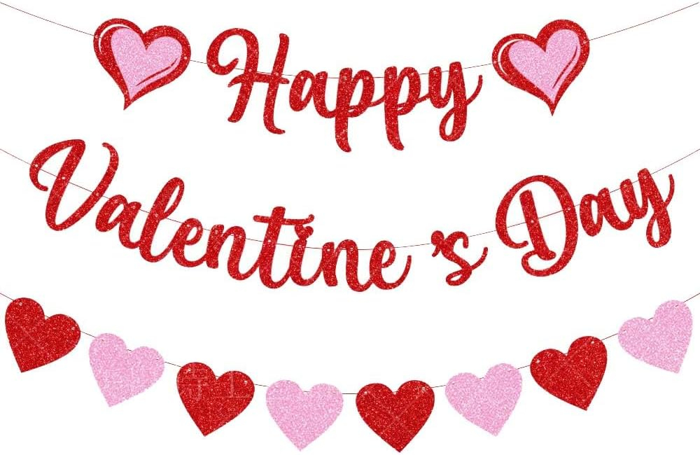 Glittery Heart Valentine's Day Banner, Red & Pink Sparkling Hollow Heart Shape DIY Paper Banner for Wedding Decoration