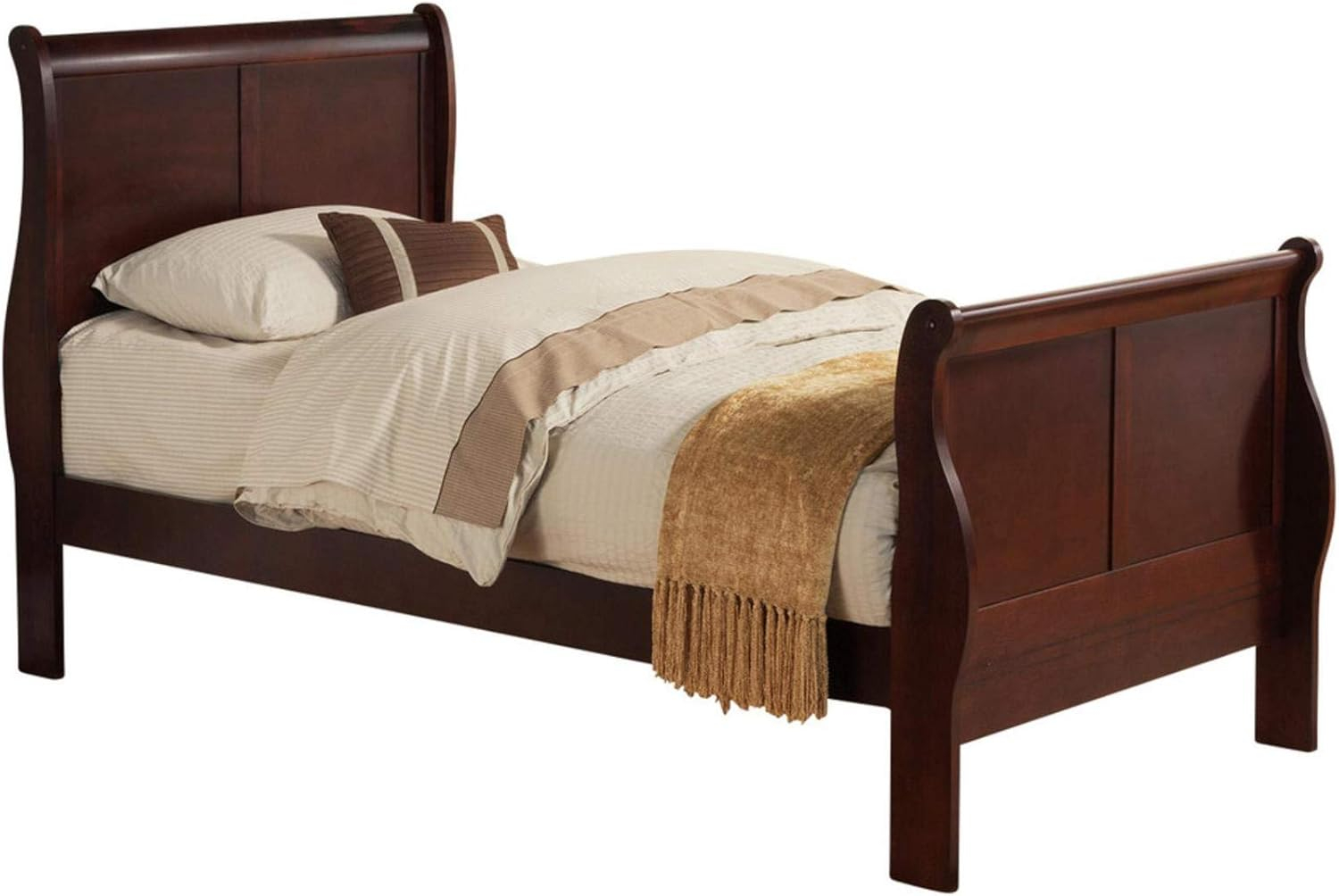 Benjara Transitional Panel Design Sleigh Twin Size Bed, Cherry Brown