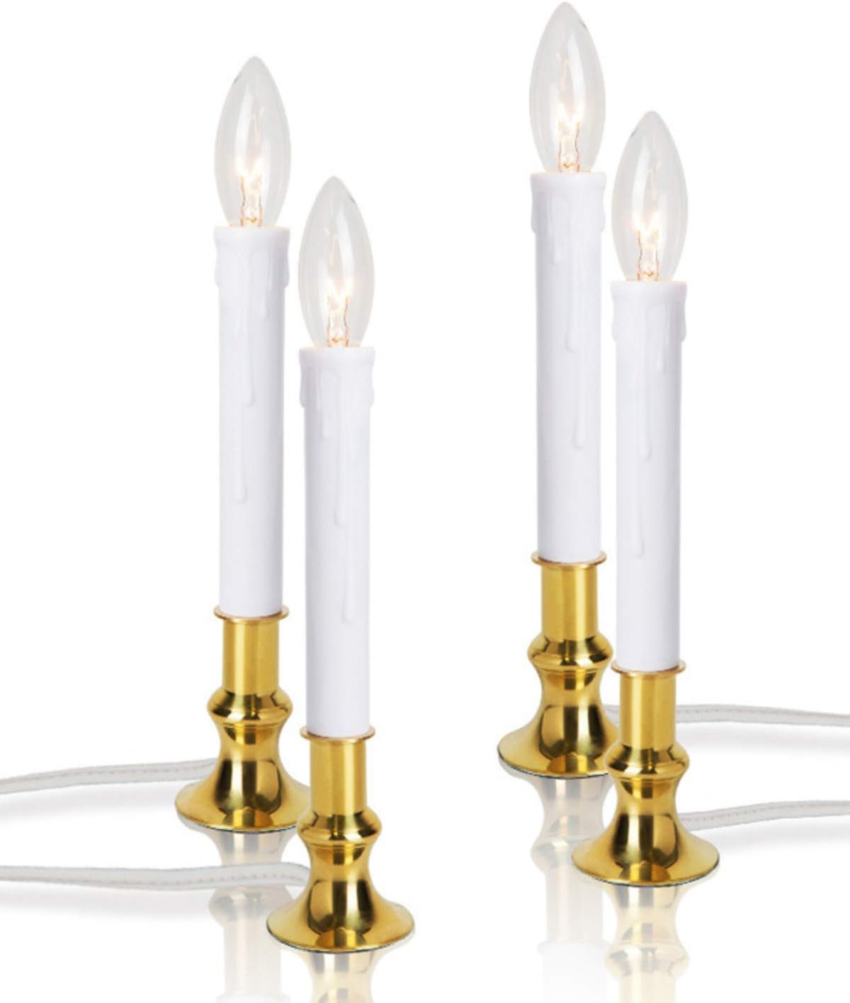 Window Candles with Timer – Electric LED Christmas Candles for Windows, Brass Base with Extra Weight, UL Listed (Set of 4) + 2 Replacement Bulbs