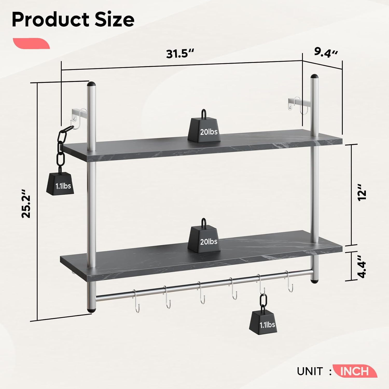 Bestier Industrial Pipe Shelf Bathroom Shelves with Towel Bar, 31 inch Floating Shelves 2 Tier for Wall Storage, Kitchen Wood Wall Mounted Shelf Display Rack for Living Room Bedroom, Black Marble