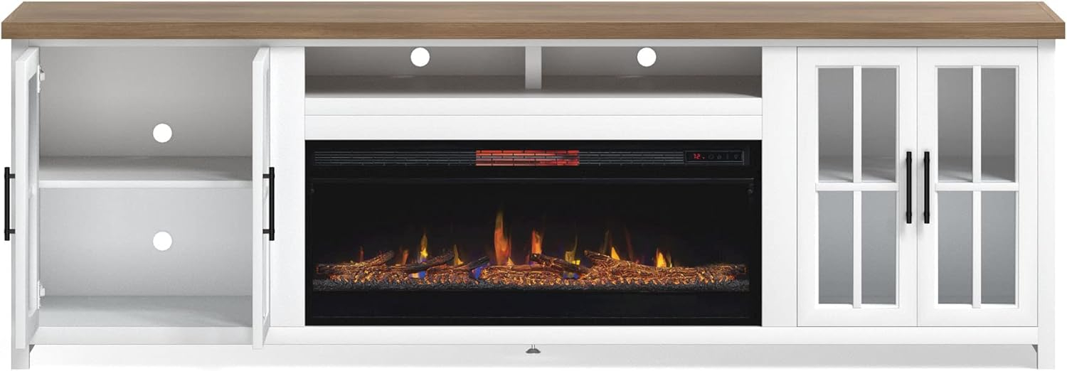 Hampton 97" White Wood Fireplace TV Stand with Cabinets