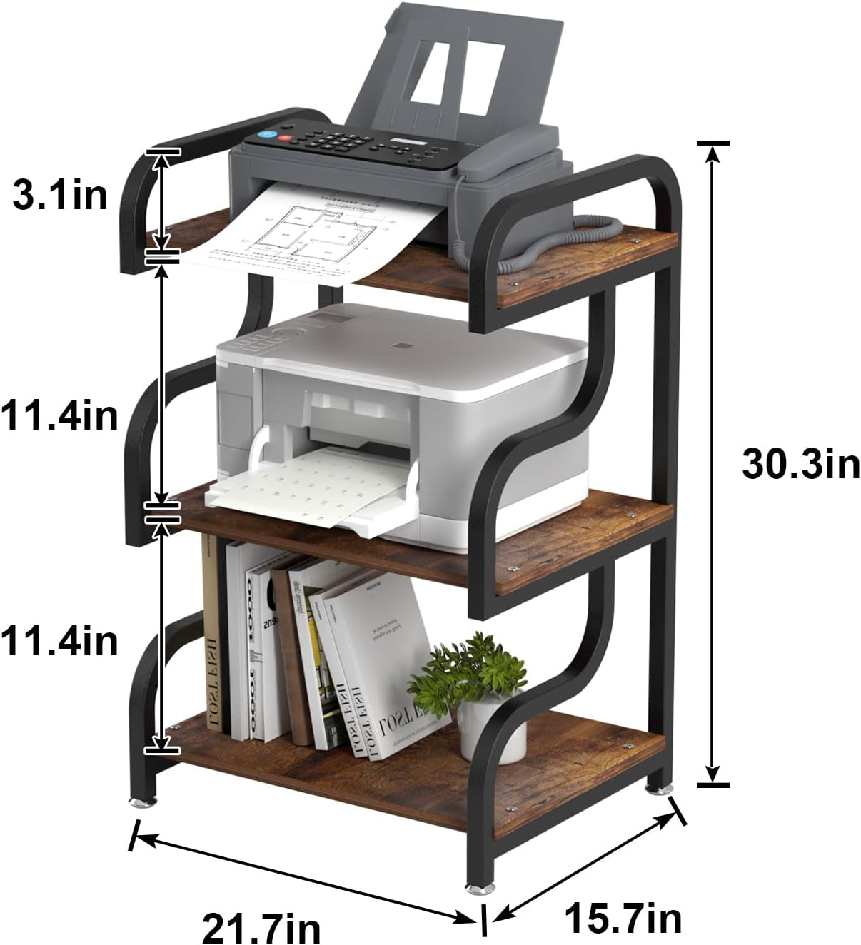 Printer Stand, 3-Tier Large Printer Stand, Durable Materials and Ample Storage Space, Printer Table for Home Office Organization,Rustic Brown
