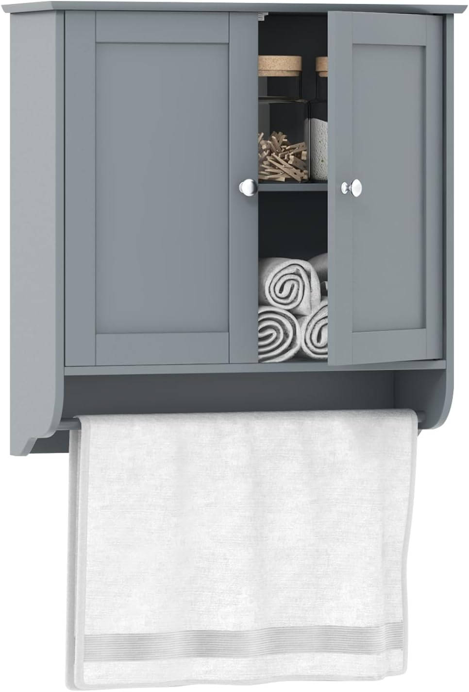 LOKO Wall Mounted Bathroom Cabinet with Towel Bar, Hanging Over The Toilet Storage Cabinet w/Adjustable Shelf, Medicine Cabinet Space-Saving Storage Organizer for Bathroom or Kitchen (Grey)