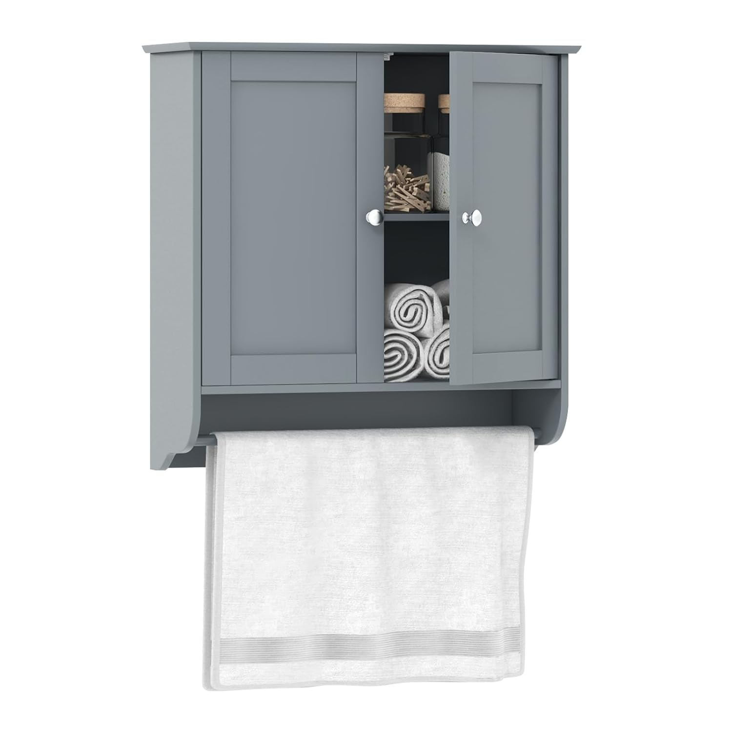 LOKO Wall Mounted Bathroom Cabinet with Towel Bar, Hanging Over The Toilet Storage Cabinet w/Adjustable Shelf, Medicine Cabinet Space-Saving Storage Organizer for Bathroom or Kitchen (Grey)