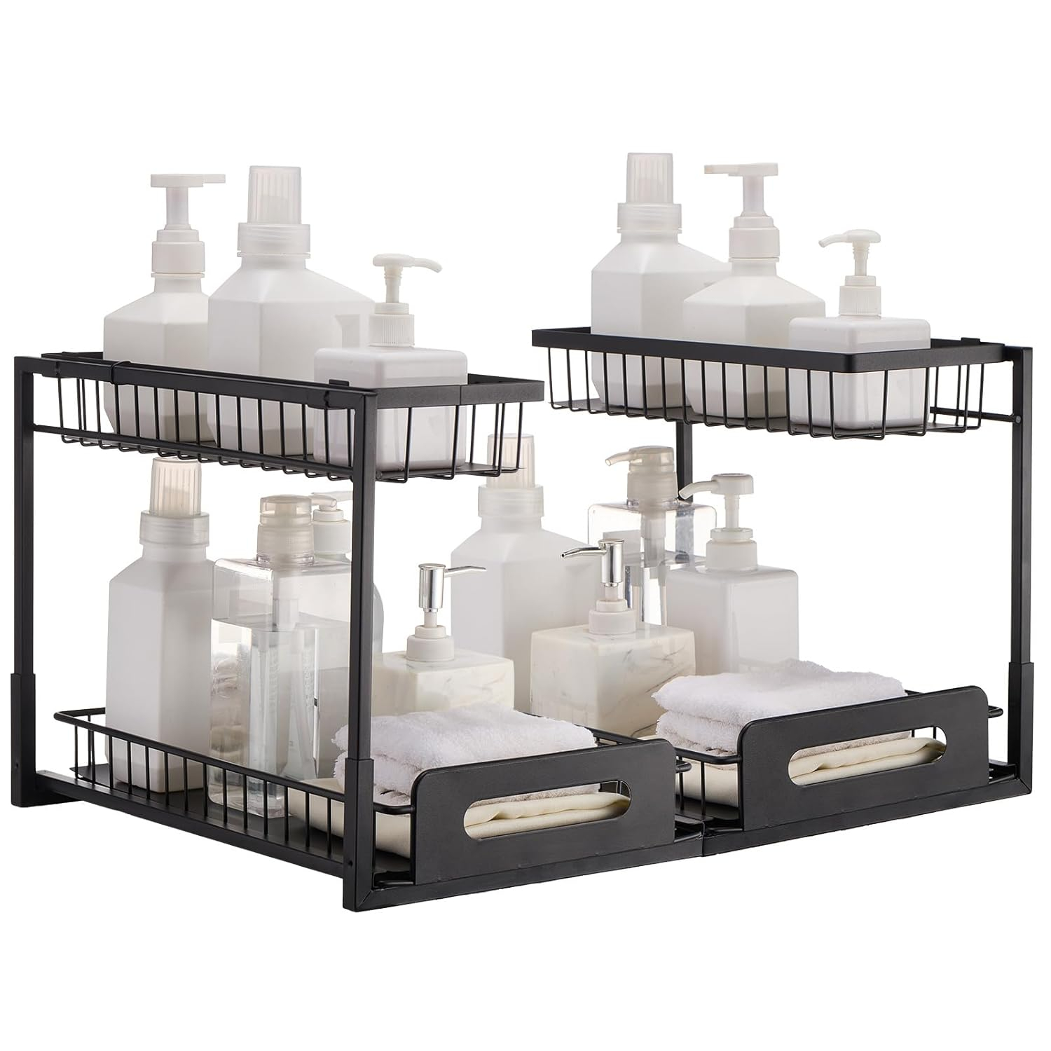 VEVOR 2 Tier Pull Out Cabinet Organizer(10.7"W x 14.2"D ), Under Sink Organizer and Storage, Slide Out Drawer Cabinet Organizer, Wire Basket Sliding Shelf for Kitchen Bathroom Cabinet, Black (2 Pack)