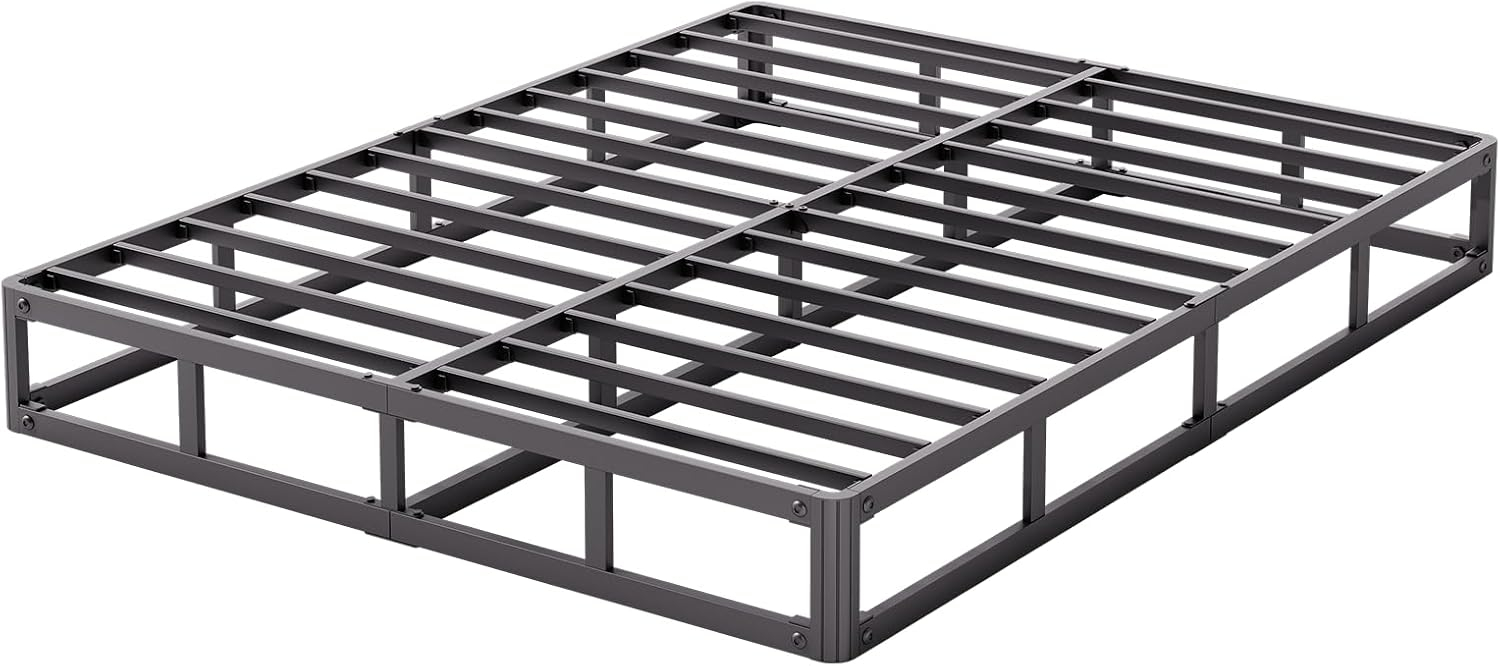 King Size Bed Frame, 5 Inch Low Profile Metal Box Spring with Fabric Bed Cover, 2500lbs Heavy Duty Steel Structure Mattress Base, Noise-Free Bed Foundation, Easy Assembly, Black