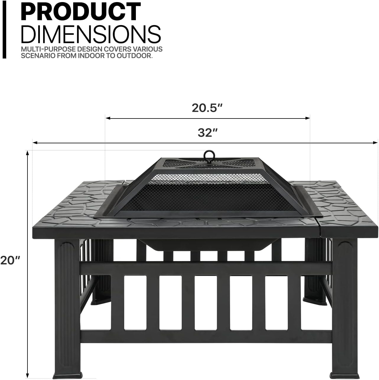 MoNiBloom 32" Fire Pit for Outside, Wood Burning Fire Pit Table with Screen Lid, Poker and Log Grate, Outdoor Fire Pit for Backyard Patio Garden, Black