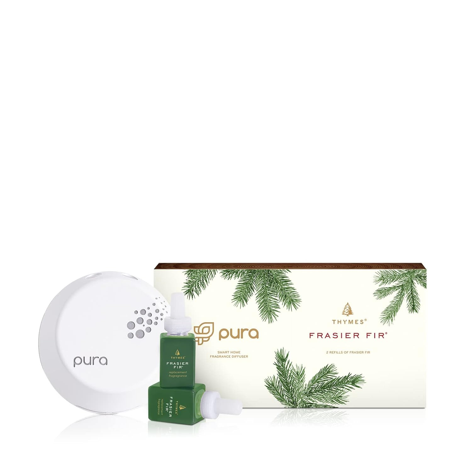 Thymes Pura Smart Home Plug-in Diffuser Kit - Frasier Fir (1 Diffuser + 2 Frasier Fir 0.34 Oz Refill Vials)