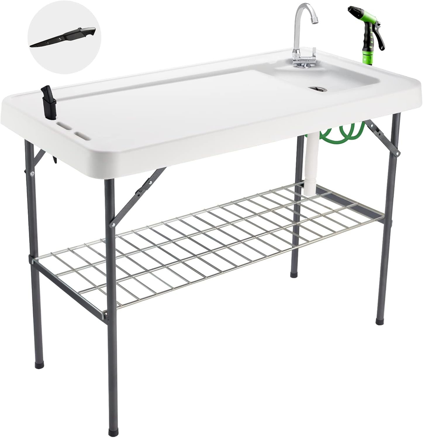 Folding Fish Cleaning Table Portable Camping Sink Table with Faucet Drainage Hose & Sprayer Outdoor Fish Fillet Cleaning Station with Grid Rack & Knife Groove for Picnic Fishing, Grey