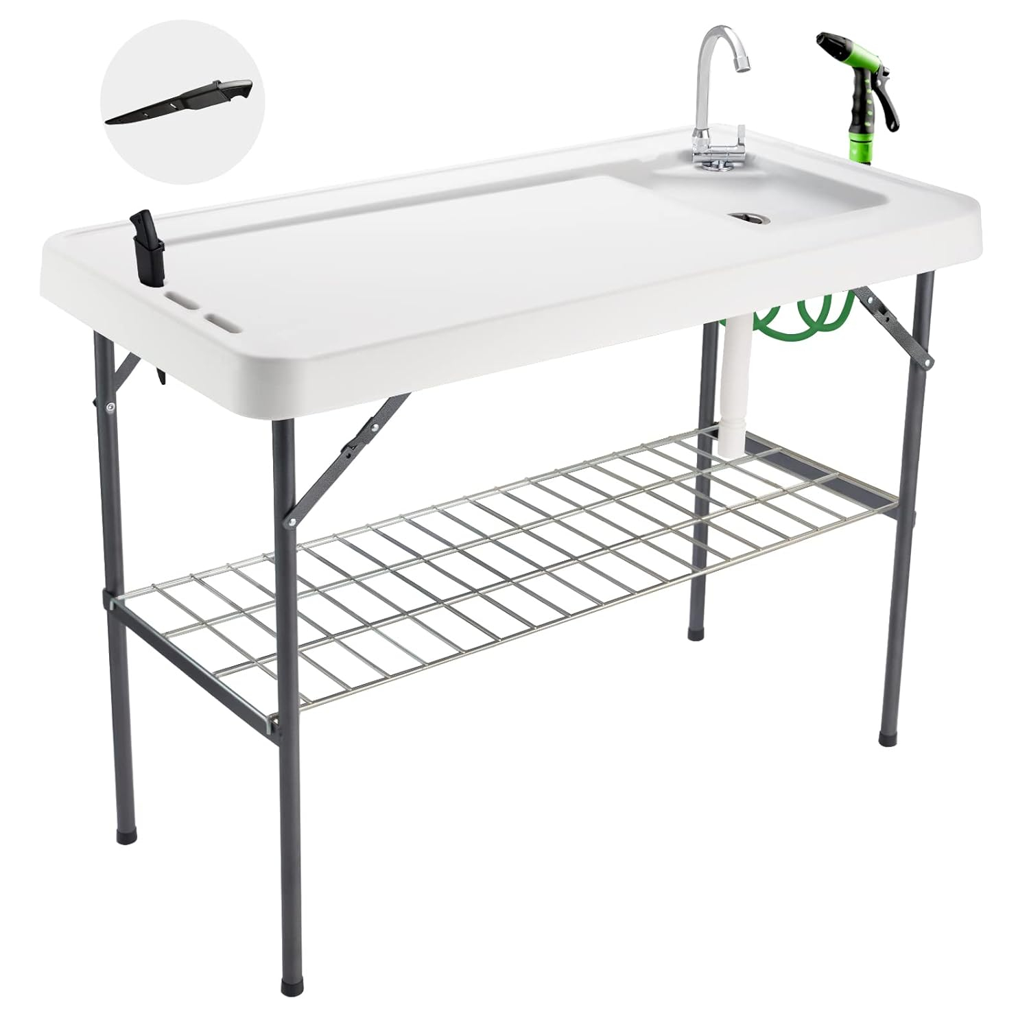 Folding Fish Cleaning Table Portable Camping Sink Table with Faucet Drainage Hose & Sprayer Outdoor Fish Fillet Cleaning Station with Grid Rack & Knife Groove for Picnic Fishing, Grey