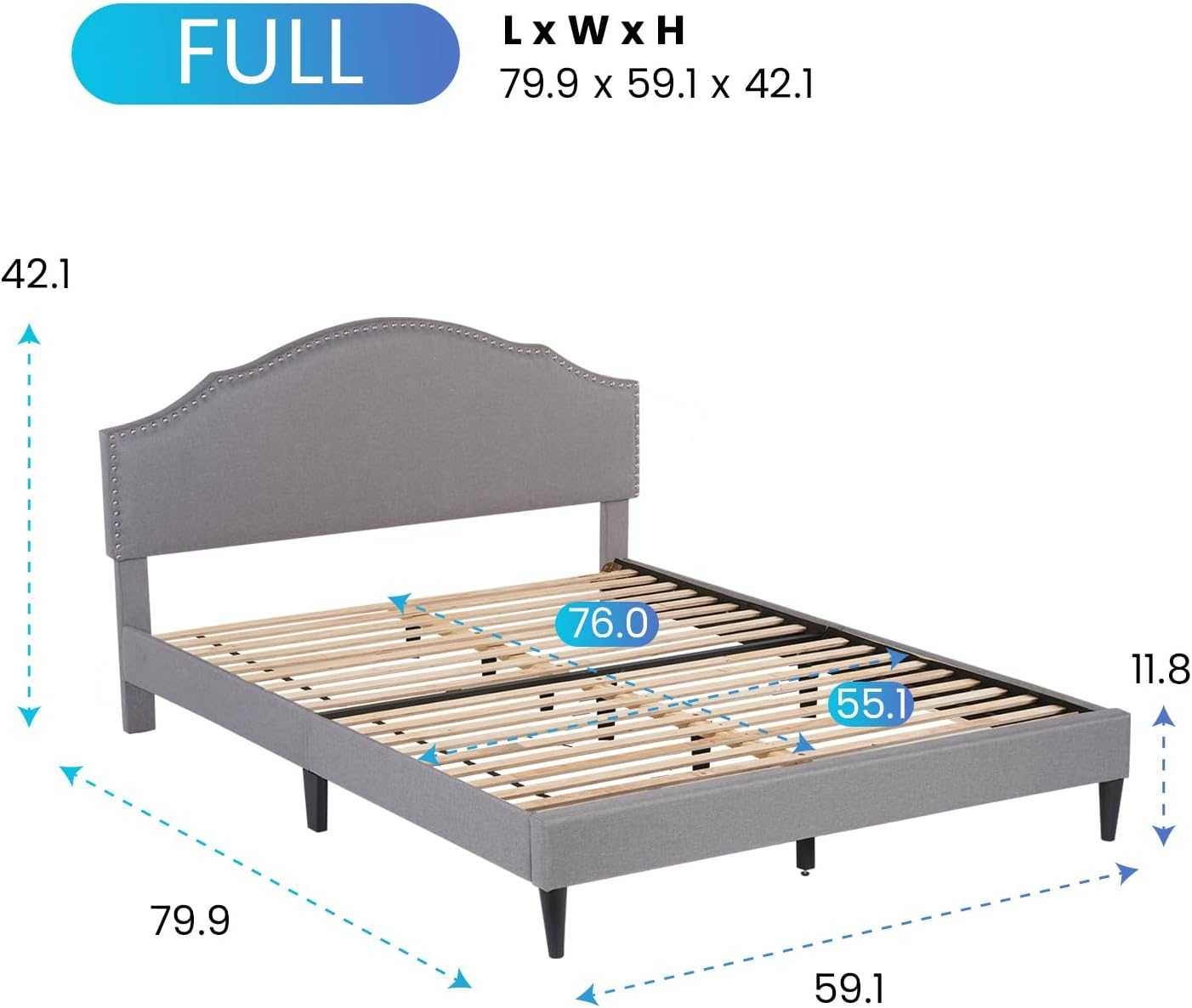 PayLessHere Upholstered Full Platform Bed Frame with Fabric Headboard and Wooden Slats Support, Fully Upholstered No Box Spring Needed Non-Slip and Noise-Free, Full