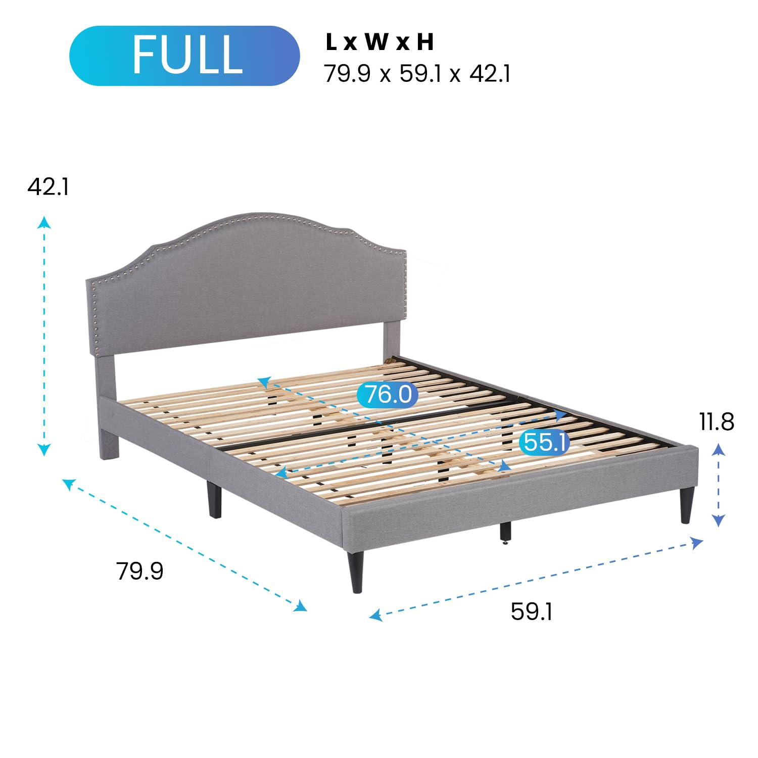 PayLessHere Upholstered Full Platform Bed Frame with Fabric Headboard and Wooden Slats Support, Fully Upholstered No Box Spring Needed Non-Slip and Noise-Free, Full