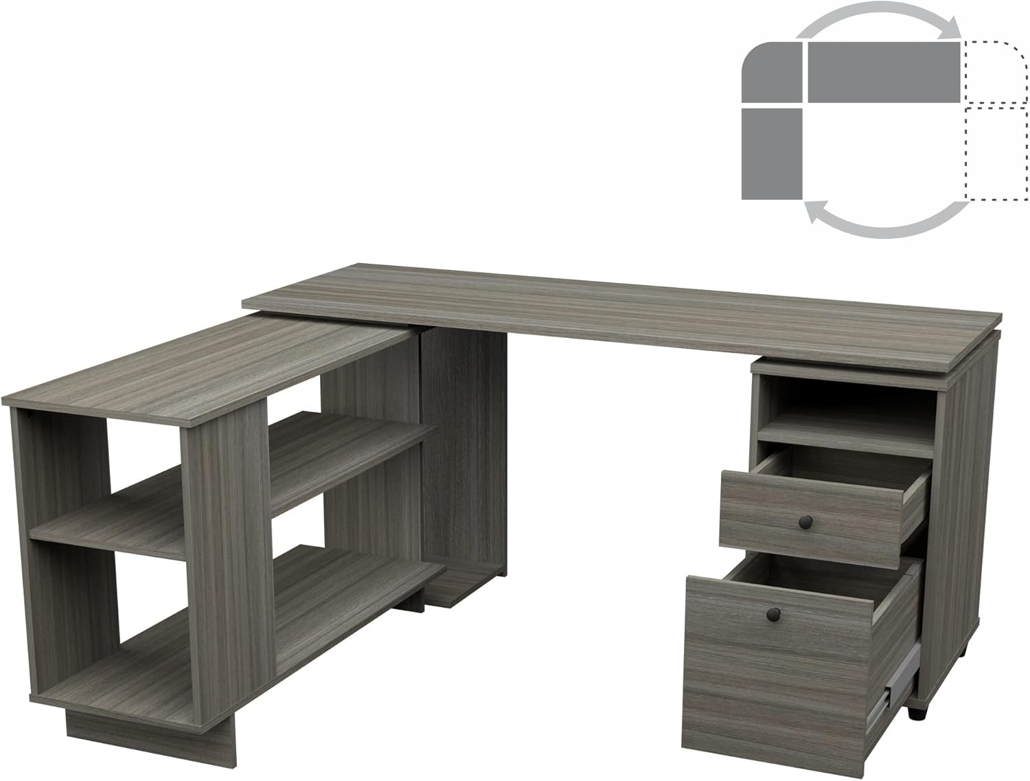 Inval L-Shaped Reversible Computer Desk, Smoke Oak