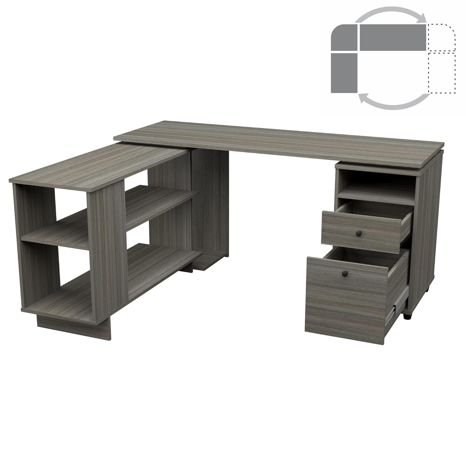 Inval L-Shaped Reversible Computer Desk, Smoke Oak