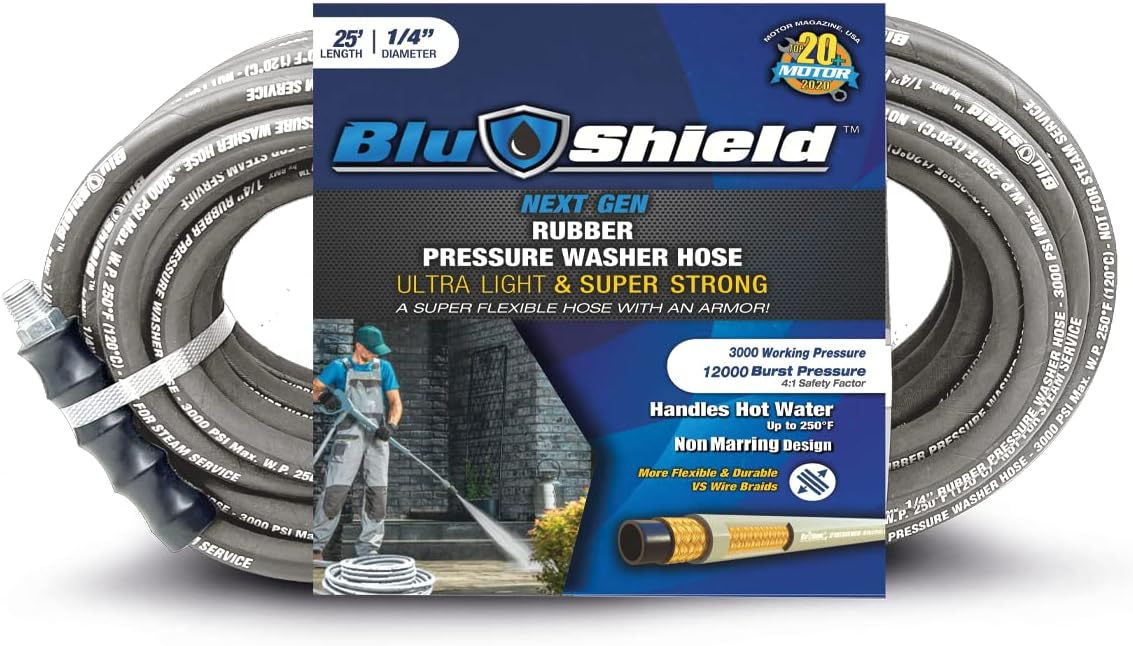 BluShield 1/4" Gray Polyester Braided Rubber Pressure Washer Hose, 25 ft