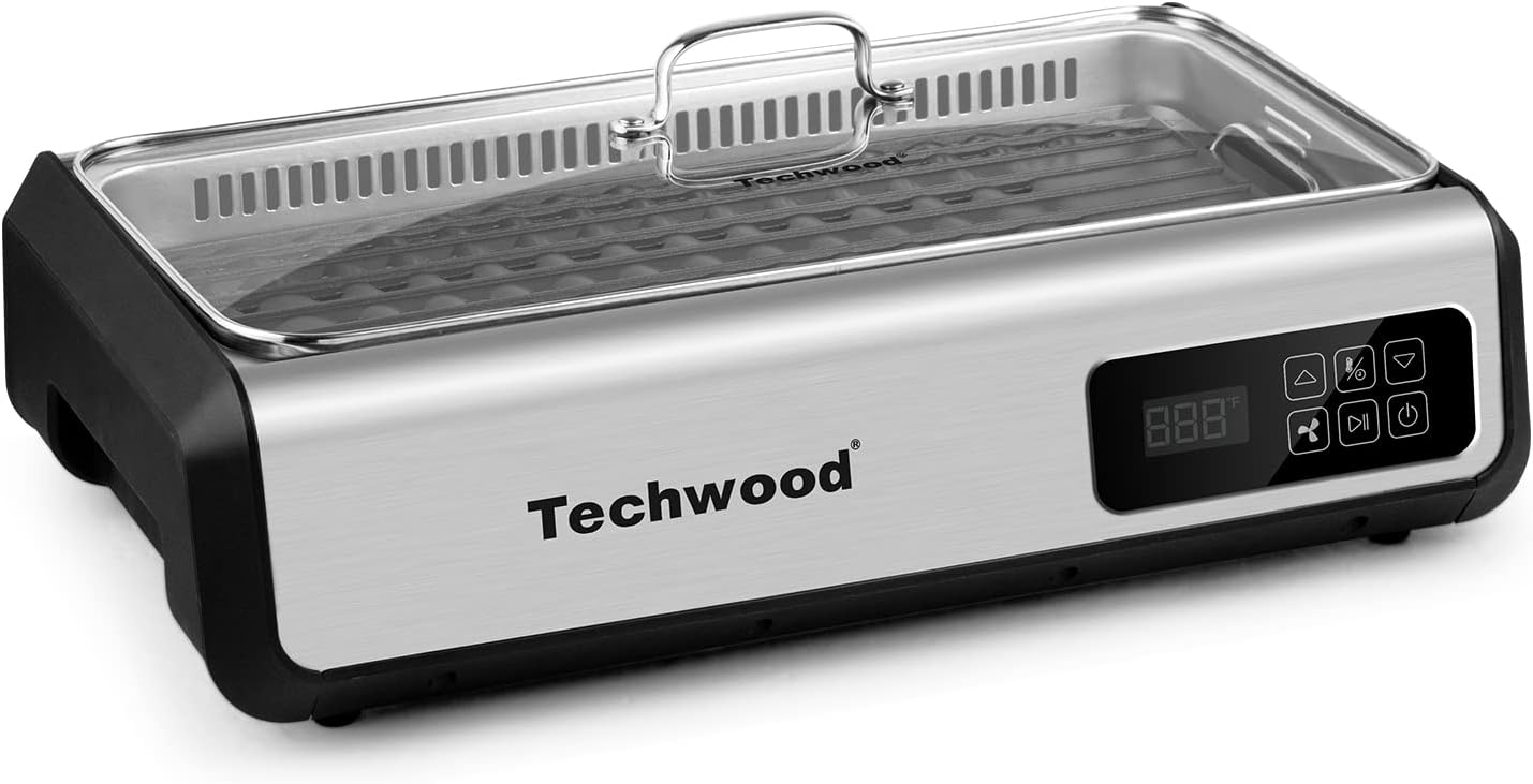 Indoor Smokeless Grill Techwood 1500W Tempered Glass Lid & LED Smart Control Panel, 8-Level Control Korean BBQ with Removable Grill Plate, Stainless Steel (Silver)