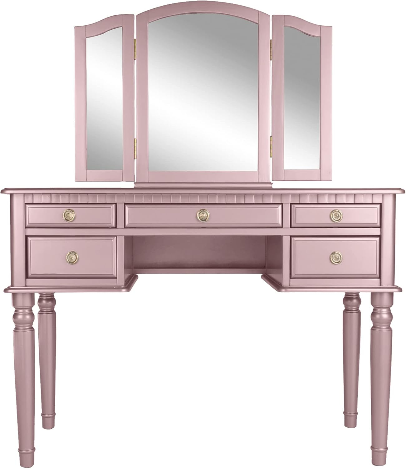 Poundex Furniture Wood Vanity Set with Mirror and Stool in Pink Rose Gold Color