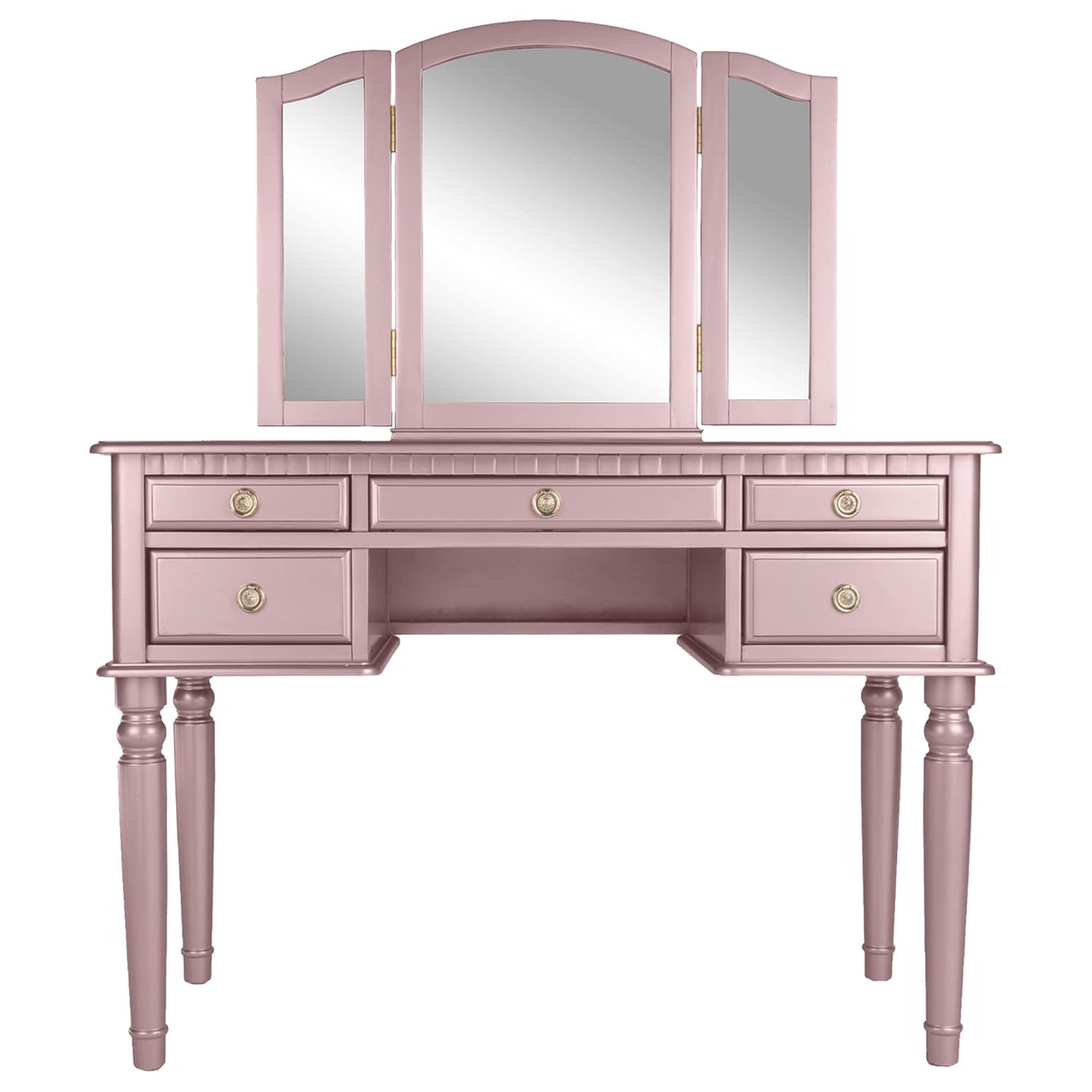 Poundex Furniture Wood Vanity Set with Mirror and Stool in Pink Rose Gold Color