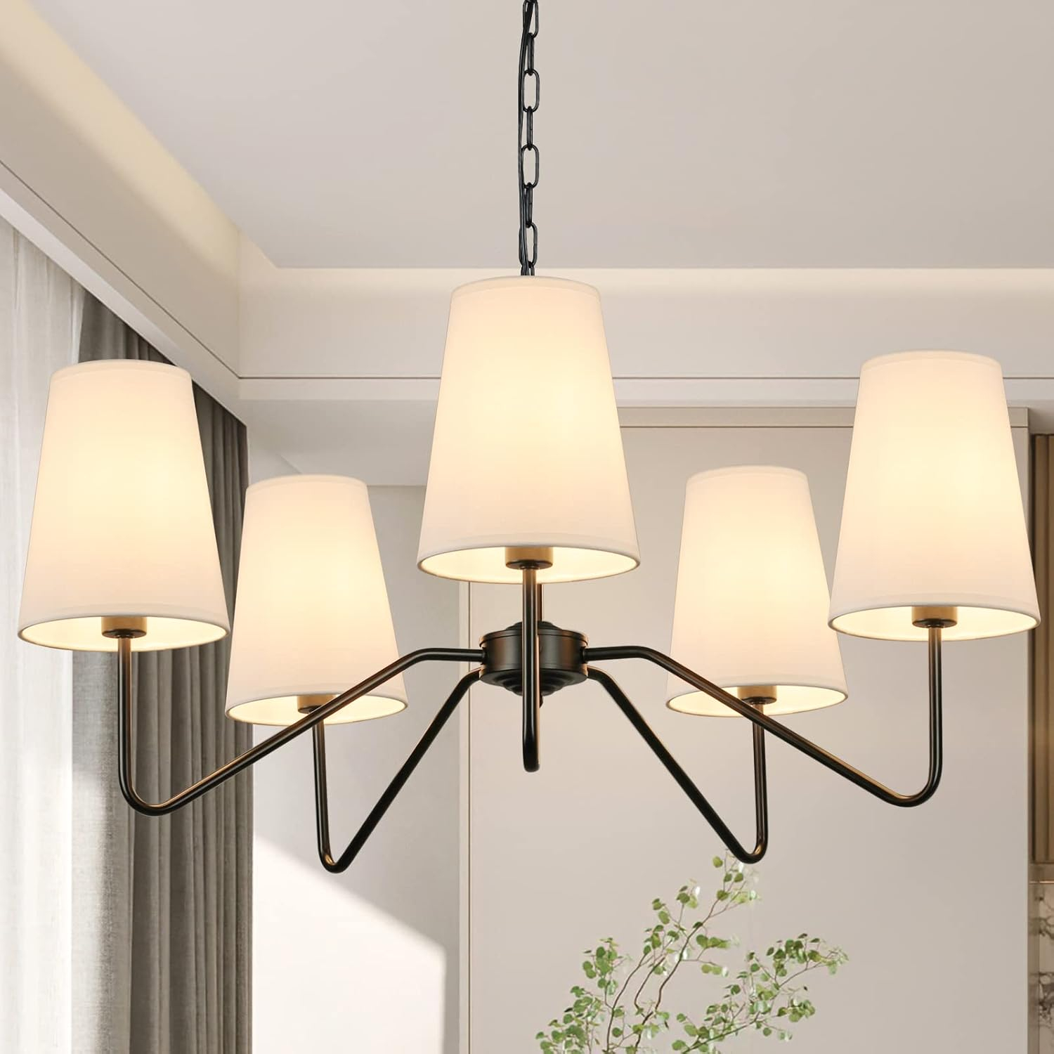 5-Light 30” Modern Chandelier with White Shades, Classic Pendant Ceiling Light Fixture for Dining Room, Black Chandelier with E12 Base Hanging Lamp for Living Room Hallway Bedroom, Height Adjustable