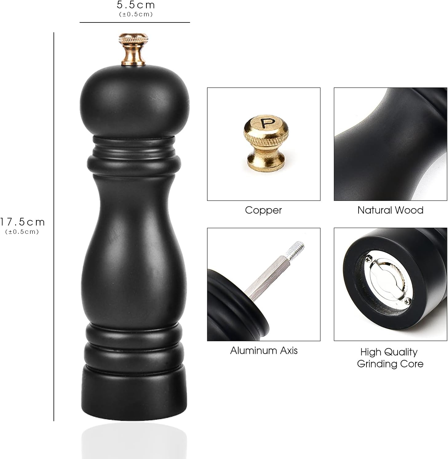Salt and Pepper Grinder Set, Wood Pepper Mill Set of 2 Manual Salt Pepper Shakers