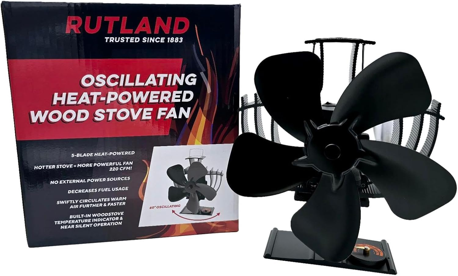 Black Matte Heat-Powered Oscillating Wood Stove Fan
