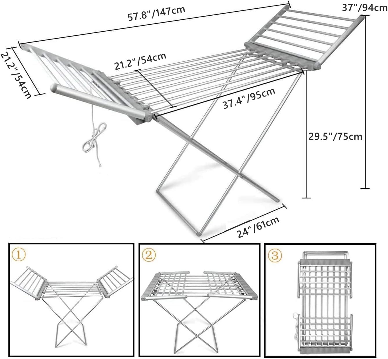 Heated Clothes Drying Rack, Folding Electric Clothes Drying Rack, Collapsible Laundry Drying Rack, Free-Standing Heating Garment Dryer Towel Rail Space Saving for Home Indoor/Outdoor