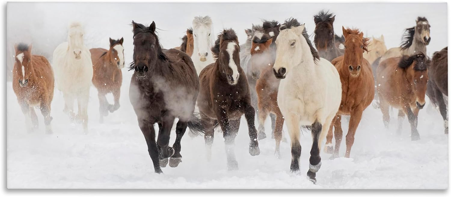 Stupell Industries Wild Horses Herd Foggy Winter Day Running Snow Painting , 30 x 13, Design by Danita Delimont
