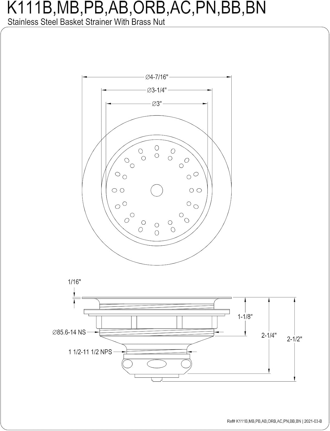 Kingston Brass K111b Tacoma 3" Basket Strainer - Brass