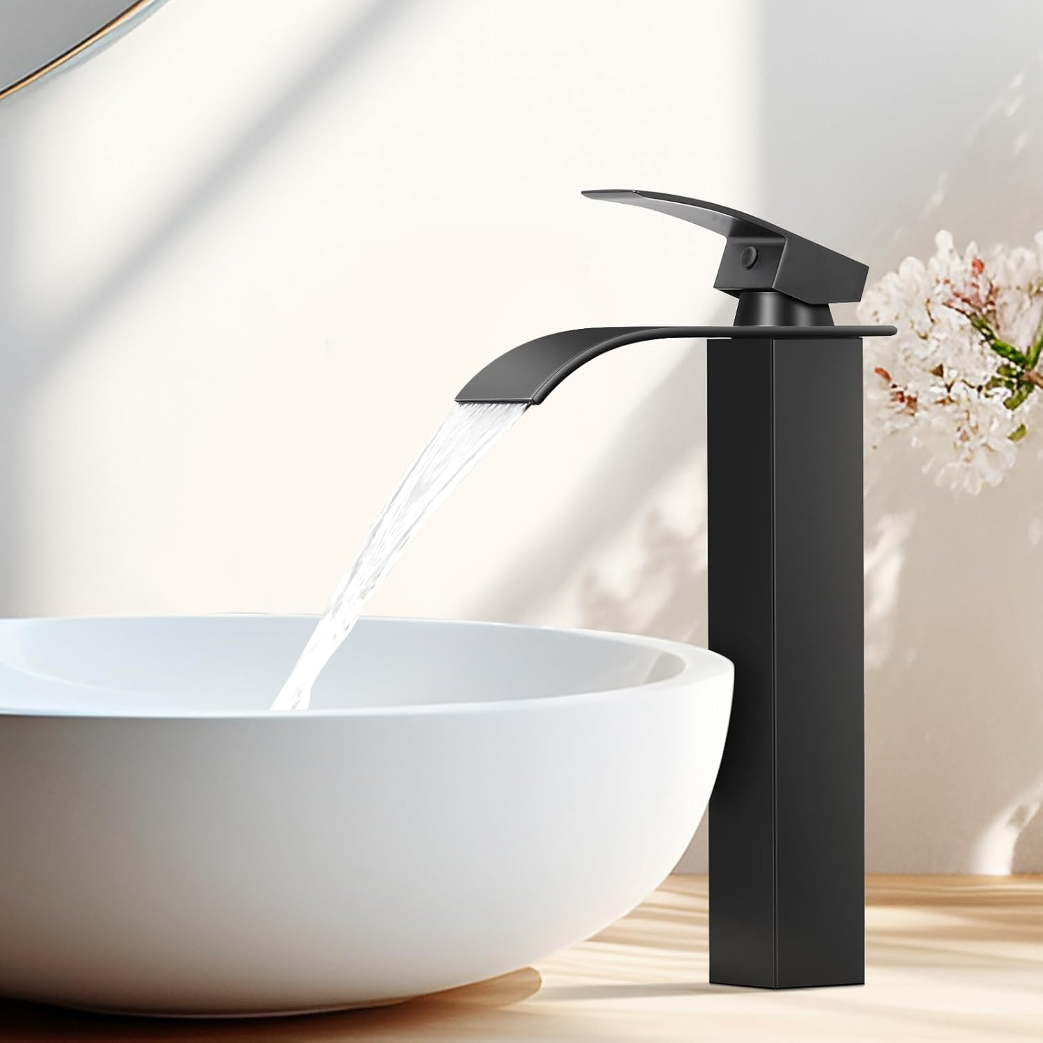 KZH Waterfall Bathroom Faucet, Black Modern Single Handle Bathroom Faucets for 1 or 3 Hole Bathroom Sink Faucet Mixer Tap Washbasin Faucet with Lift Rod Drain,Deck Plate, Supply Hoses