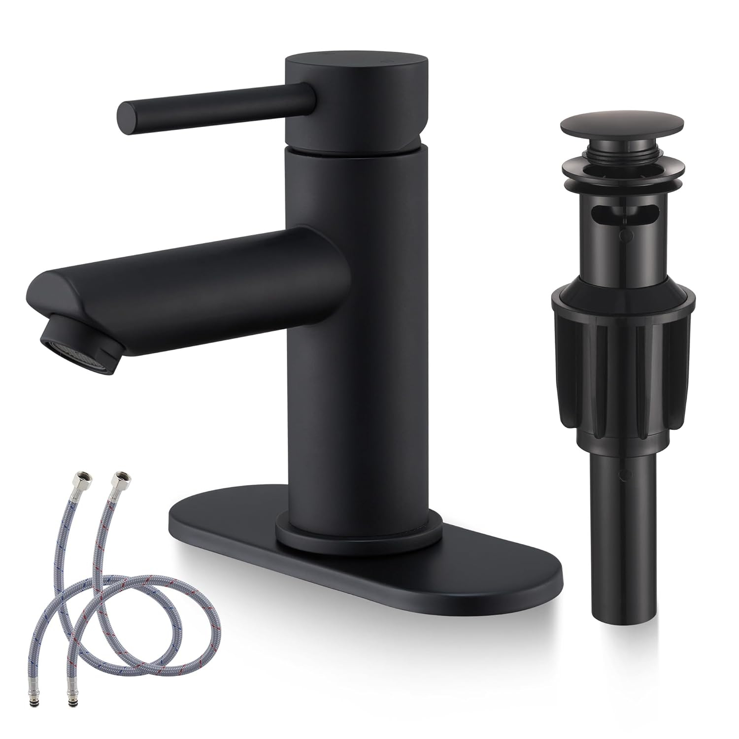Bathroom Sink Faucet One Hole,Lavatory Tap for Basin,Matte Black Bathroom Sink Faucet with Metal Pop Up Drain Assembly， Bathroom Faucet 1 Hole with 3 Hole Deck Plate