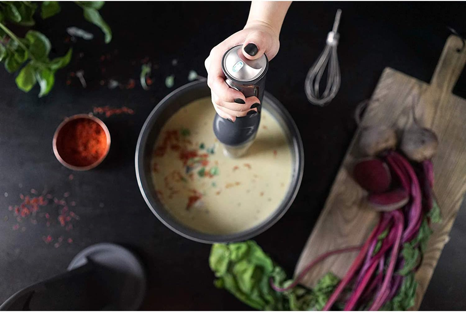 Crux Cordless Hand Immersion Blender, 7.5 inch Blending Arm, Mix, Whip, Puree Sauces/Soups, Rechargeable, Easy to Clean, Dishwasher Safe Removeable Parts, Stainless Steel/Black, 14790