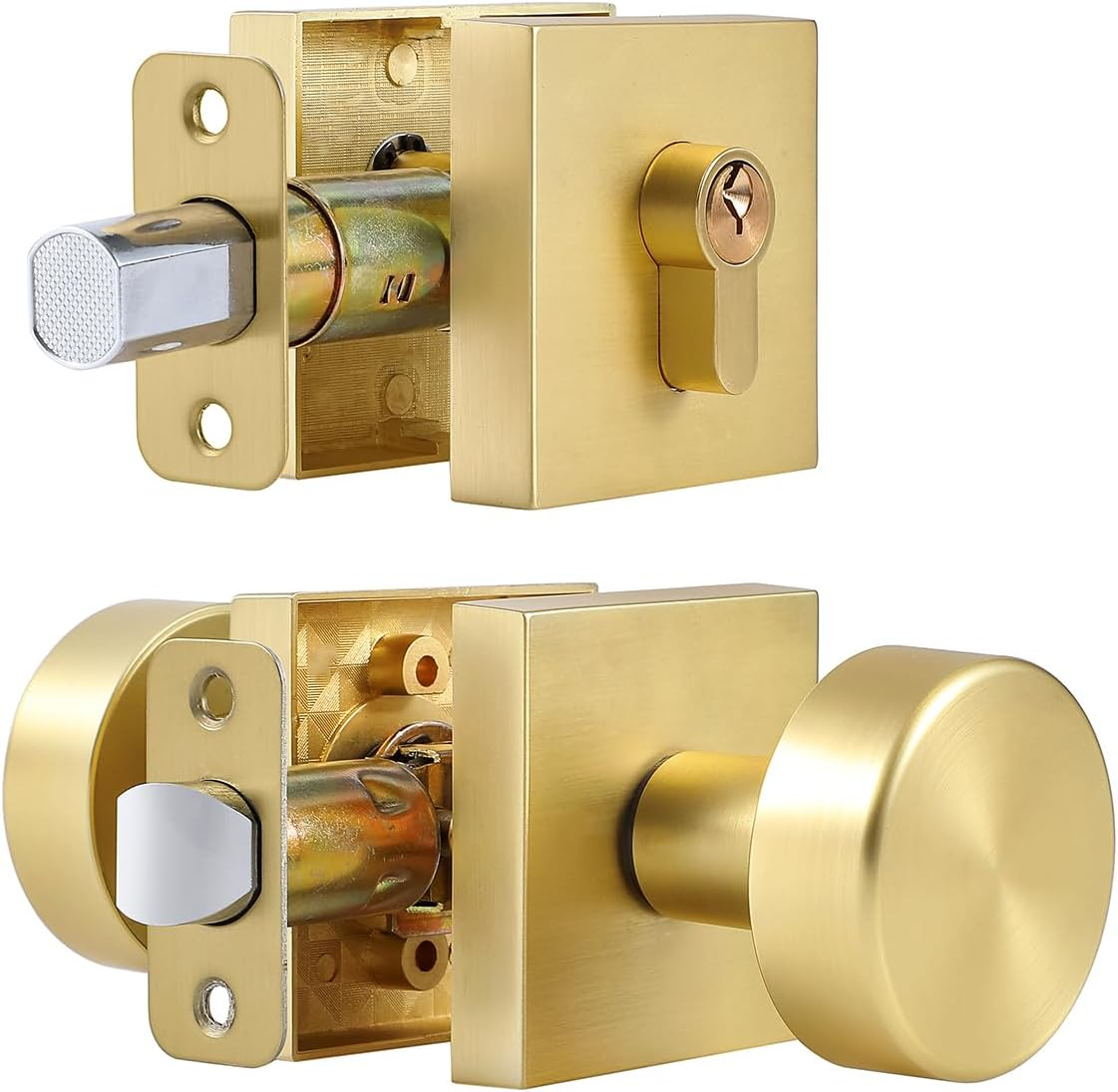 Modern Satin Brass Square Deadbolt Lock and Knob Set