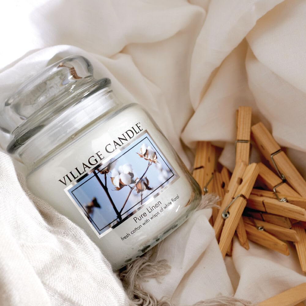 Village Candle Pure Linen, Large Glass Apothecary Jar Scented Candle, 21.25 Ounces, White