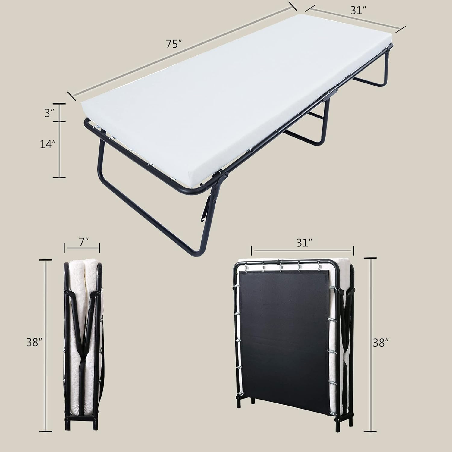 LEISUIT Foldaway Guest Bed Cot - Portable Folding Bed Frame with Thick Memory Foam Mattress for Spare Bedroom & Office