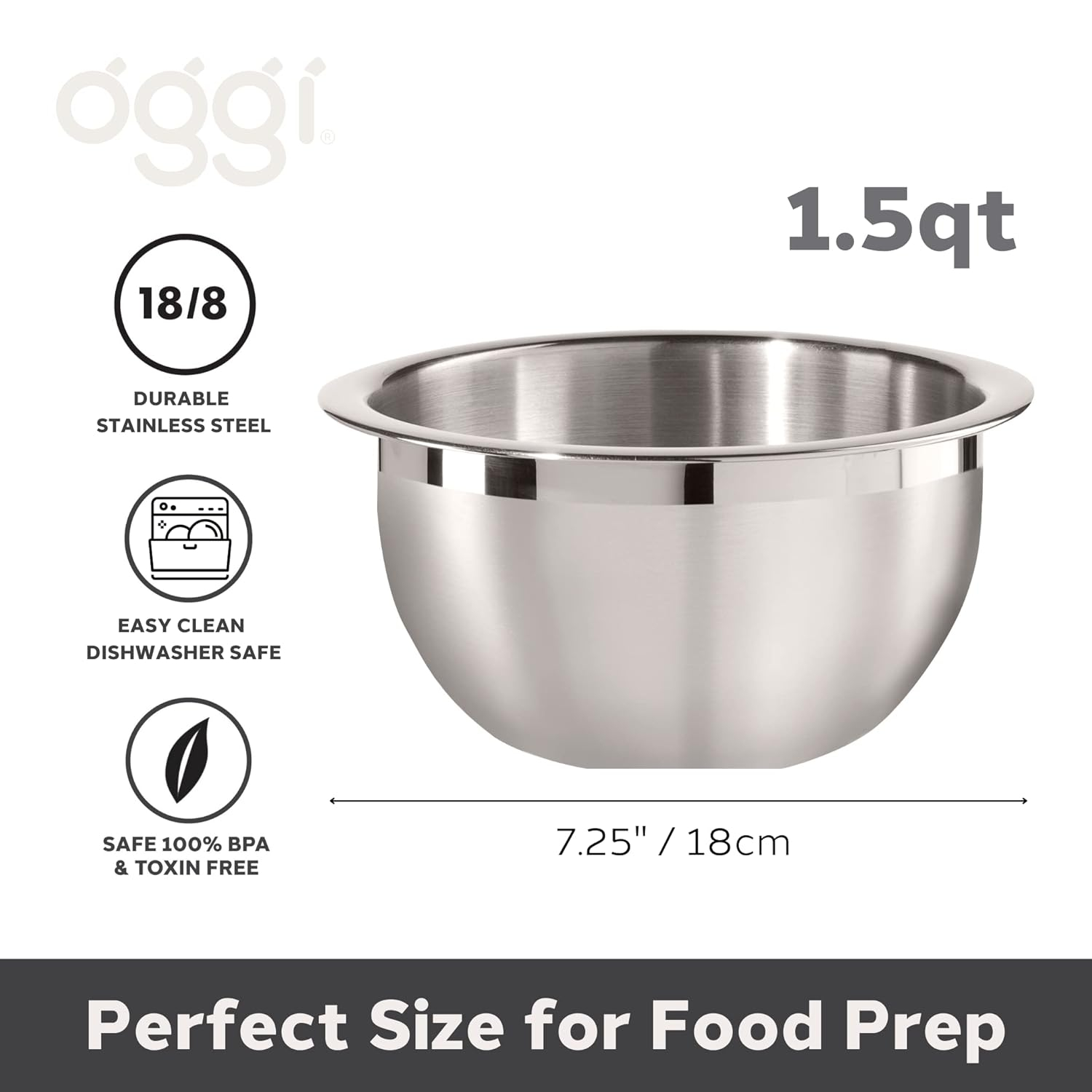 Oggi Two-Tone Mixing Bowl, 1-1/2-Quart, Stainless Steel, White Lid