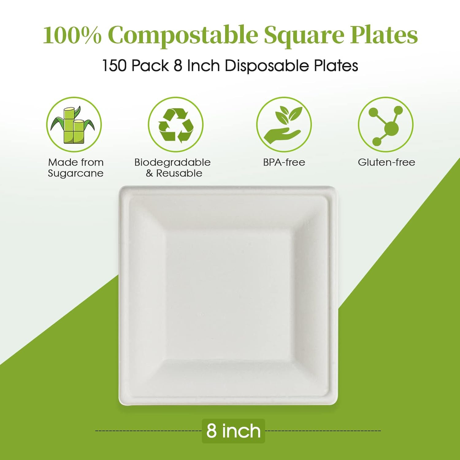 ECOLipak 150 Piecs Square Paper Plates, 8-inch Compostable Disposable Plates, Eco-friendly Heavy Duty Biodegradable Sugarcane Plates for Party Dinner Birthday