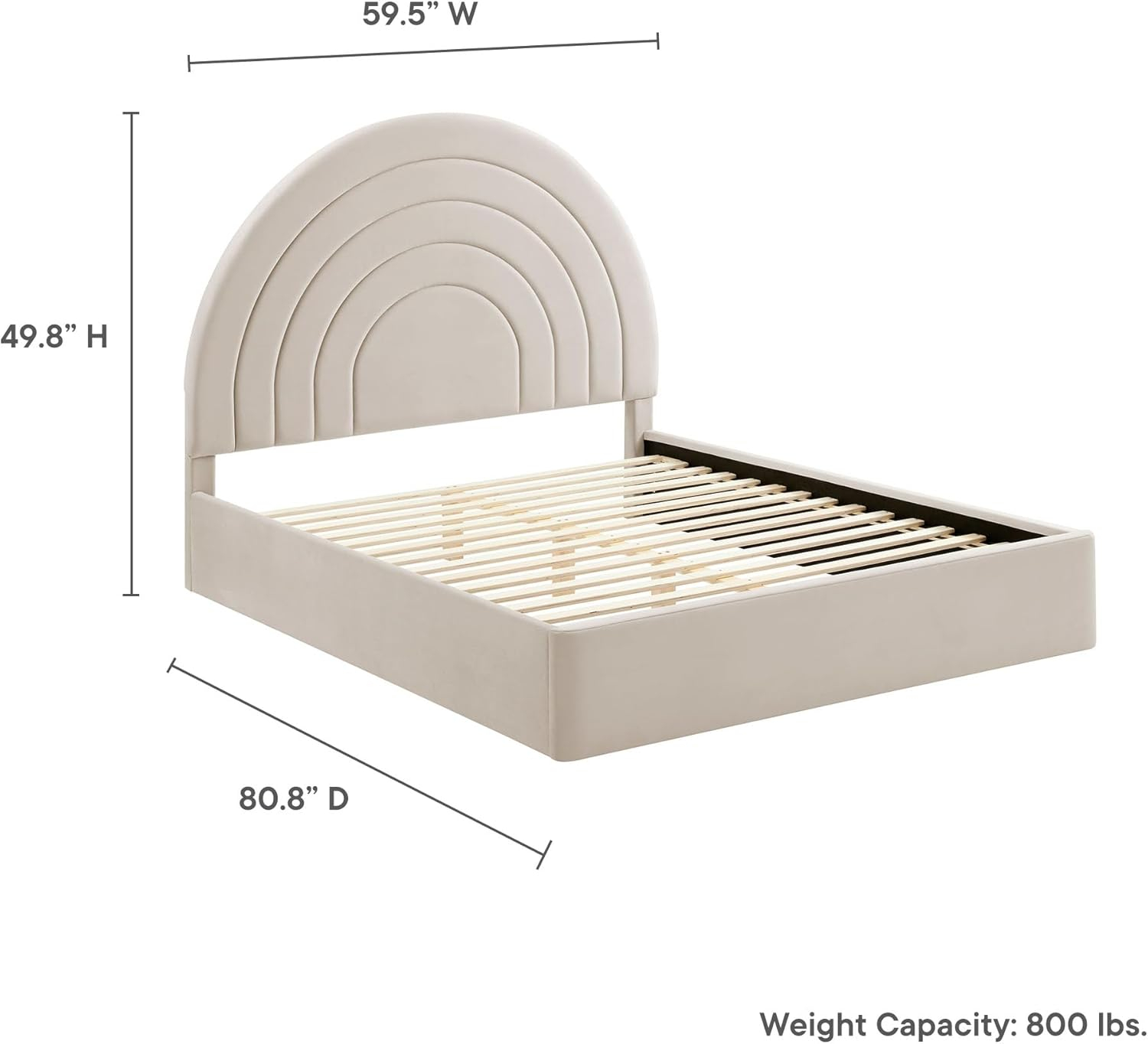 Almond Velvet Full Platform Bed with Arched Upholstered Headboard