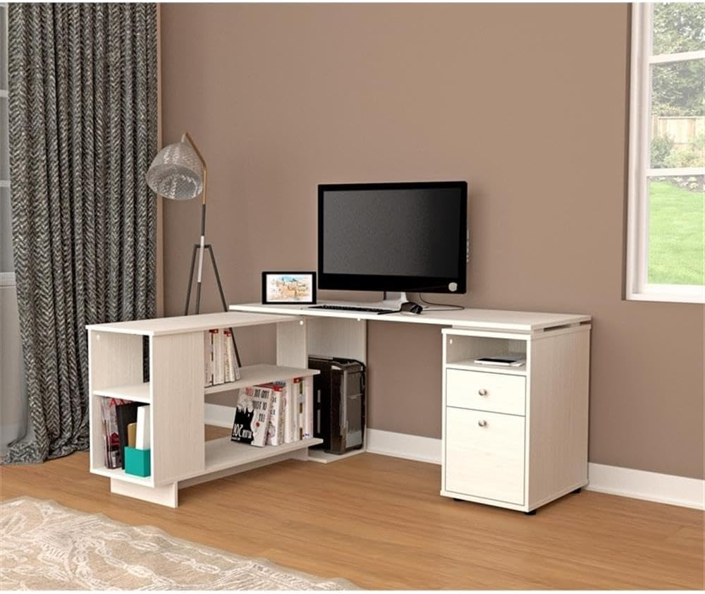 Inval L-Shaped Reversible Computer Desk, Washed Oak