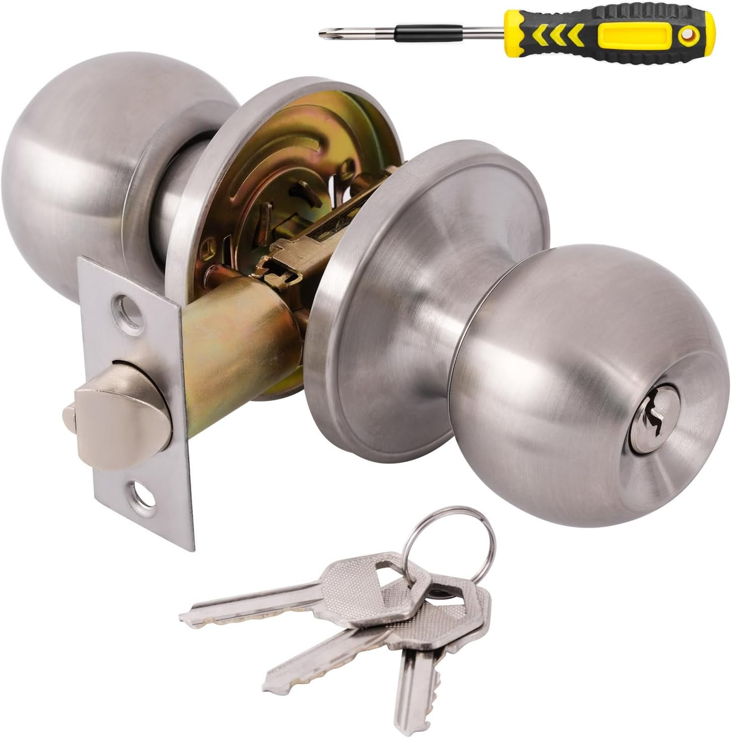 Lanwandeng Door Knobs with Lock, Satin Nickel, Hardware Handle, Keyed Entry for Bathroom or Bedroom