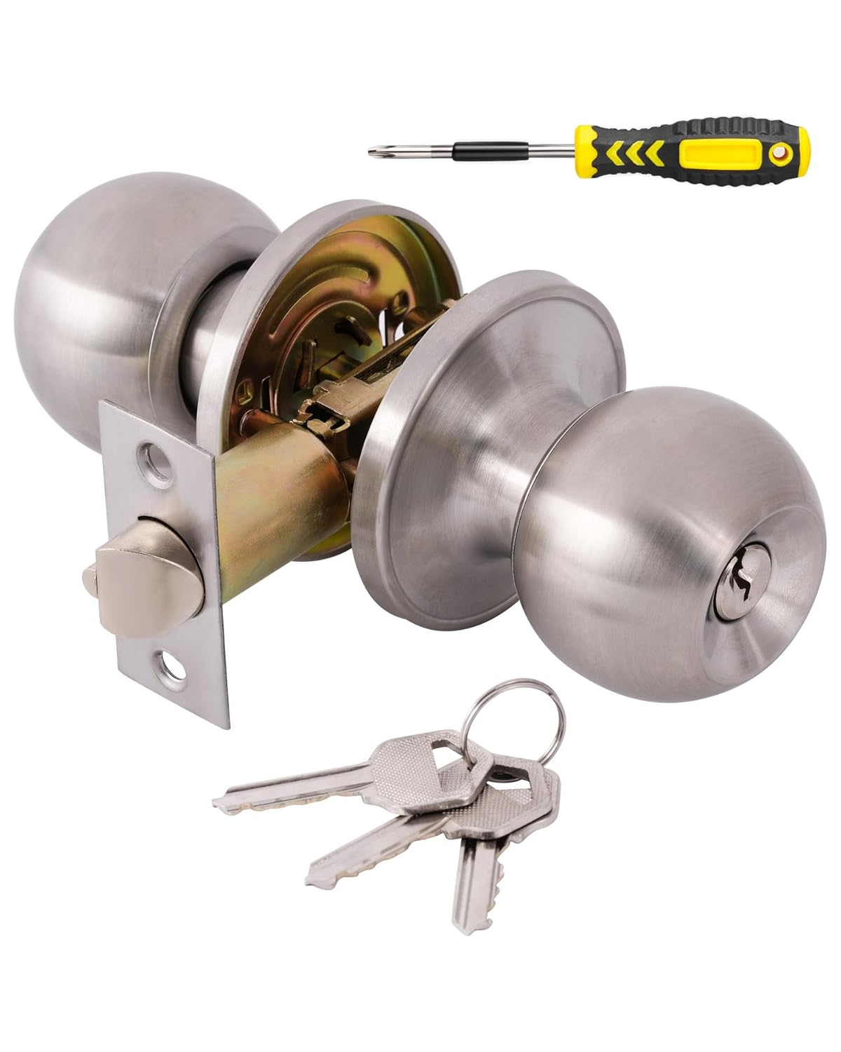 Lanwandeng Door Knobs with Lock, Satin Nickel, Hardware Handle, Keyed Entry for Bathroom or Bedroom