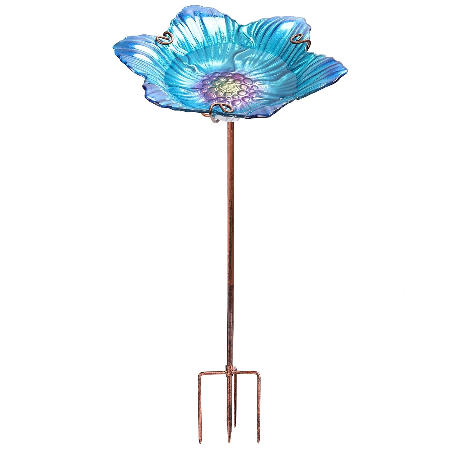 Outdoor Bird Bath Glass Birdbath Garden Birdfeeder with Metal Stake Blue(Height:26inch)