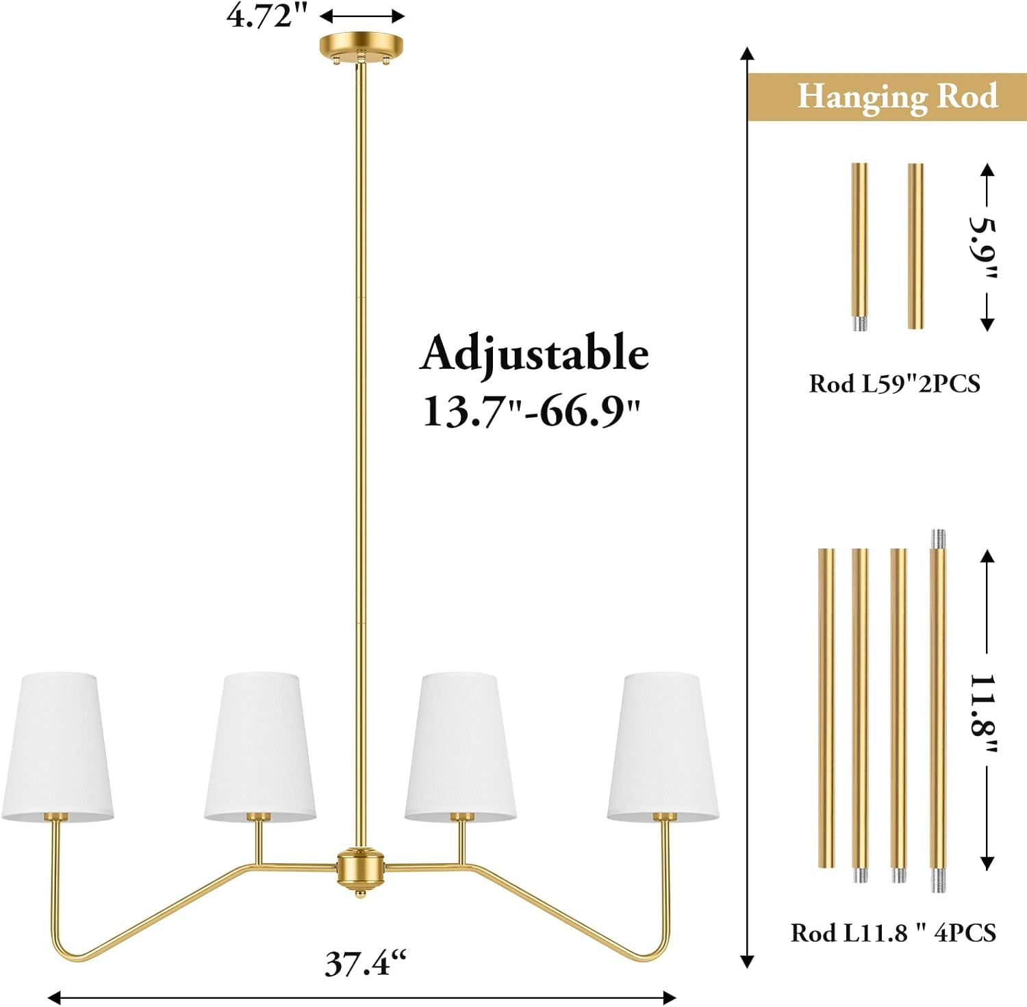 Brightever 4-Light Gold Linear Chandelier, Kicthen Island Light Fixture for Dining Room Over Table, Modern Pendant Lighting with White Fabric Shades for Pool Table, E12 Base (Bulb not Included)