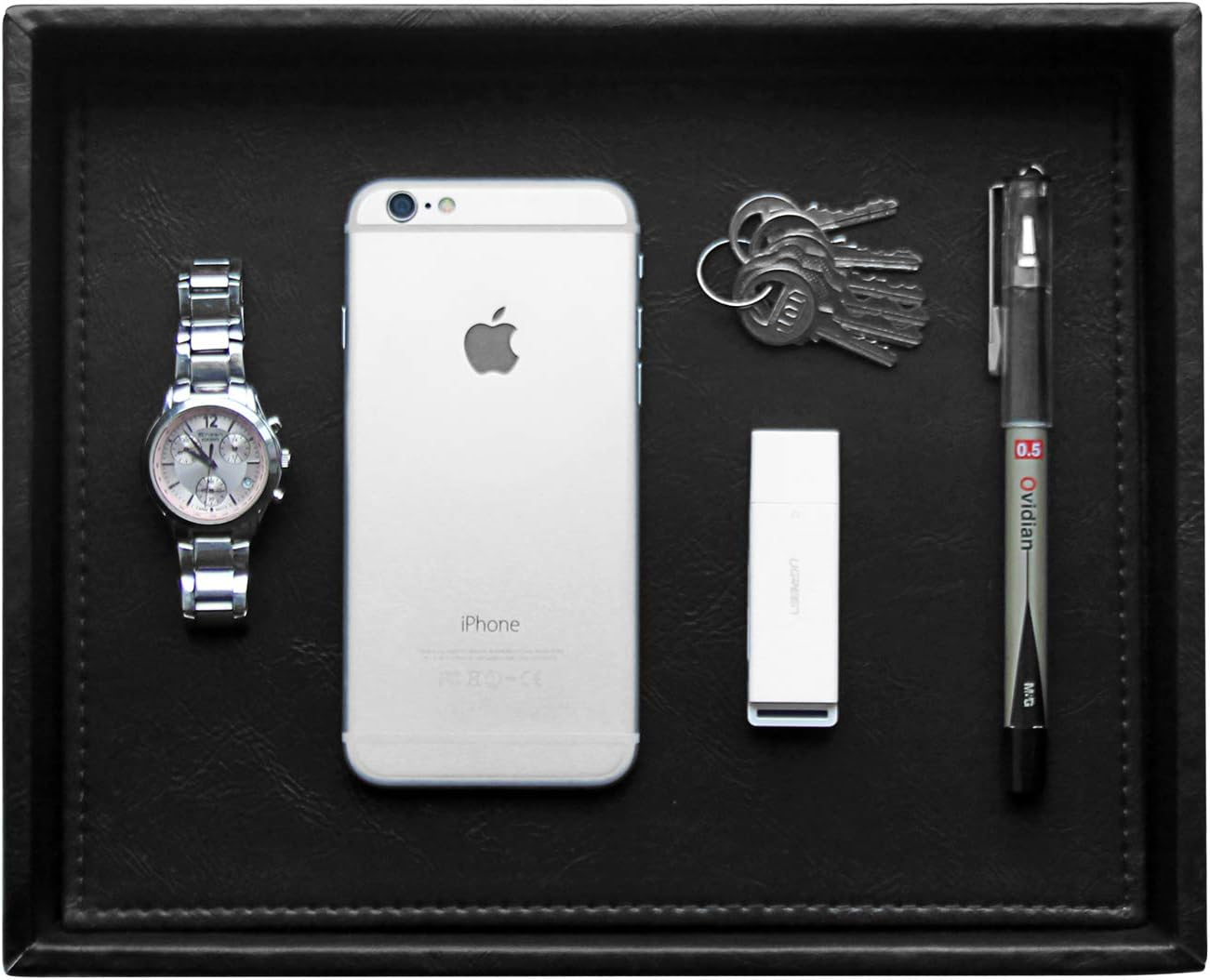 HofferRuffer PU Leather Catchall Tray, Jewelry Tray, Desktop Storage Organizer, Valet Tray, Leather Tray for Nightstand or Dreeser Organizer, Black, 10.2 x 8.4 x 1.8 inches