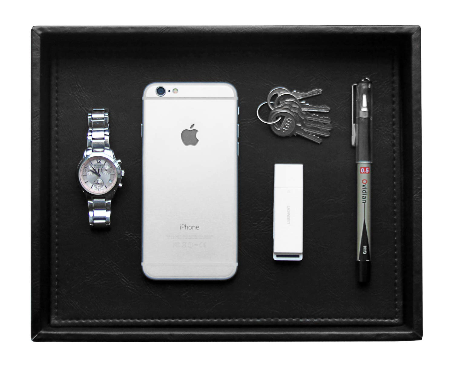 HofferRuffer PU Leather Catchall Tray, Jewelry Tray, Desktop Storage Organizer, Valet Tray, Leather Tray for Nightstand or Dreeser Organizer, Black, 10.2 x 8.4 x 1.8 inches