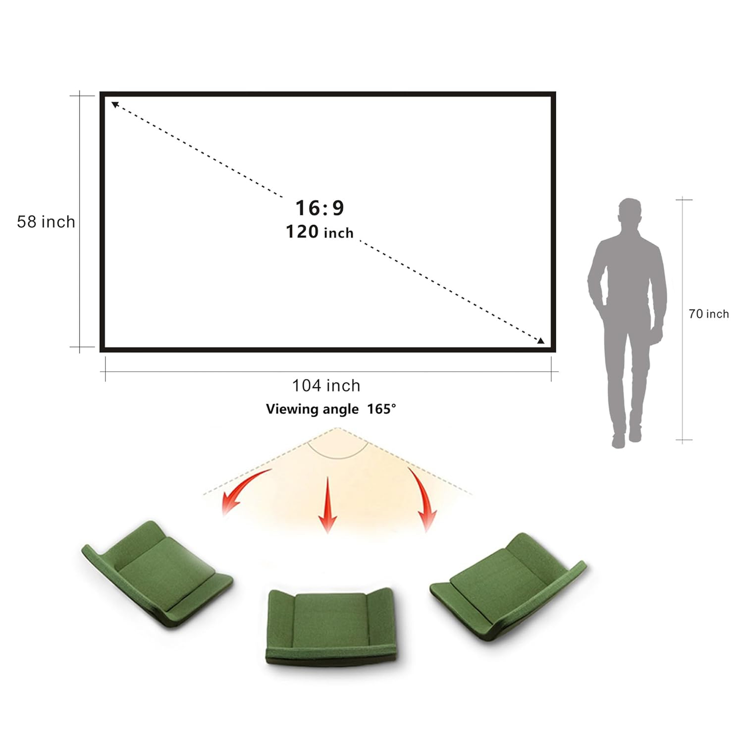 Foldable Projector Screen 120 inch with Lightweight Telescopic Pole Frame Wall Mounted Anti-Crease Black Backing Silver Portable Projection Screen