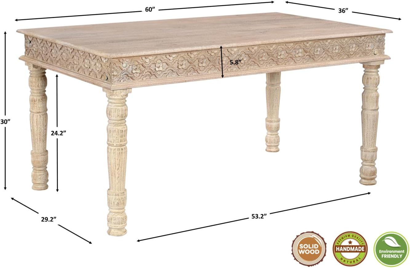 Taran Designs Milton 60" Carved Solid Wood Dining Table in White